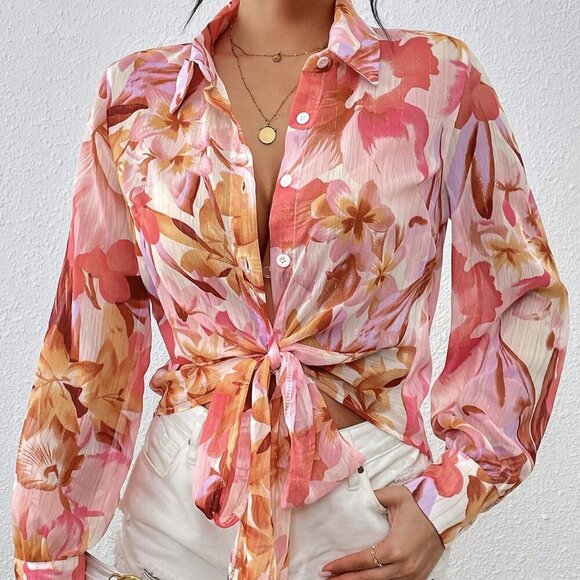 Baby Pink Boho Women's Floral Lantern Long Sleeve Shirt - Picture 6 of 6